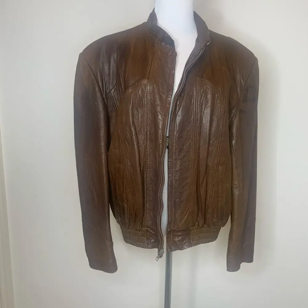 Vintage Grunge Brown Leather Bomber Jacket Sz 46 XL